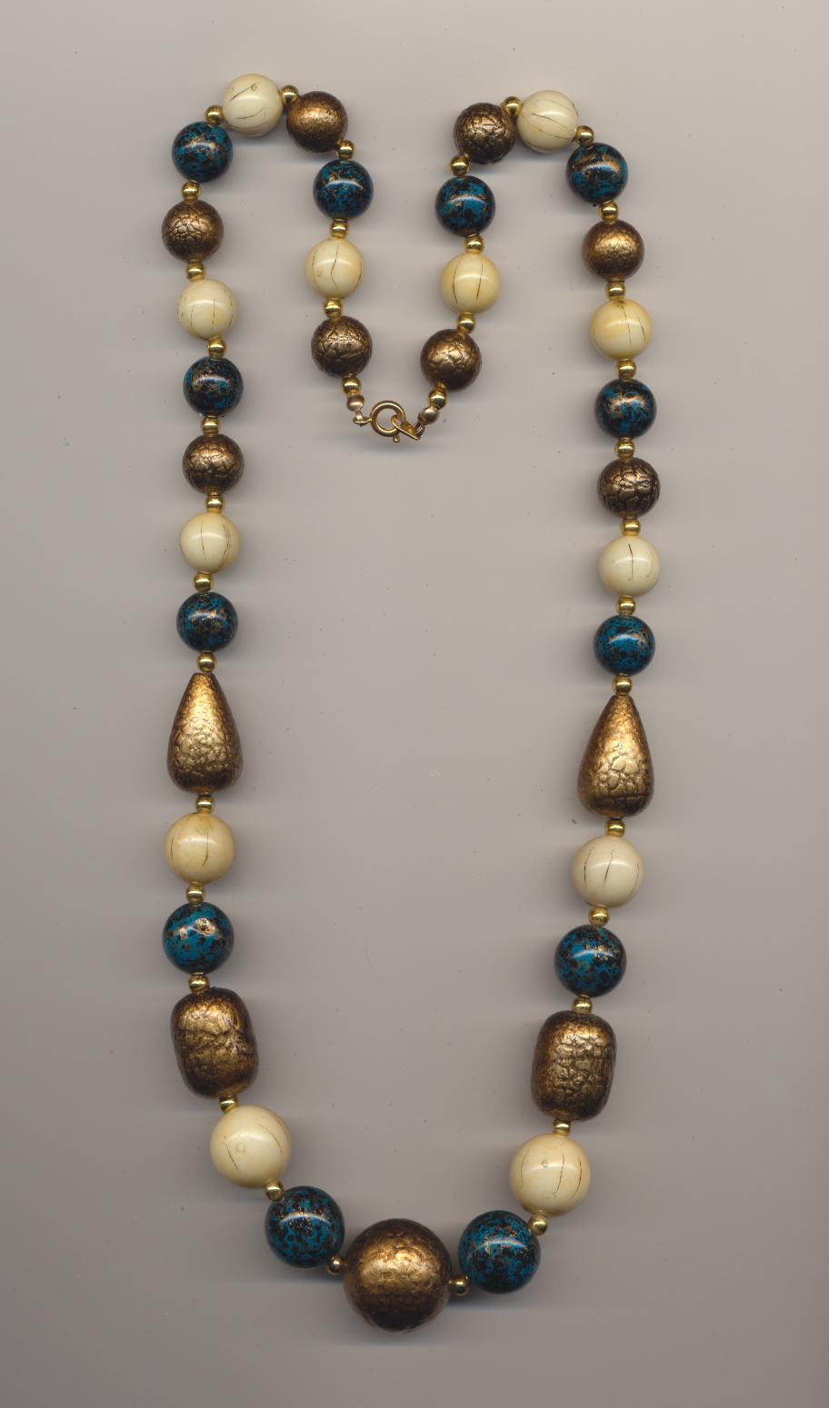 Necklace made of plastic beads imitating ivory, turquoise and bronze, China, 1980's, length 26'' 65cm.